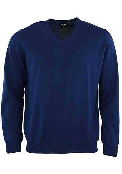 OLYMP Casual Strick Pullover V-Ausschnitt extrafeine Merinowolle blau